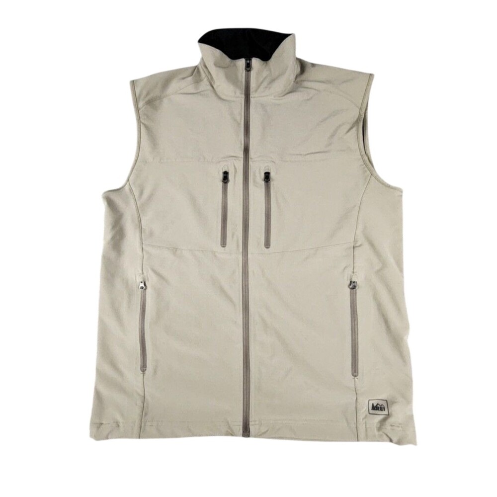 REI Vest Mens Medium Beige Soft Shell Full Zip Pockets Hiking Outdoor Trail
